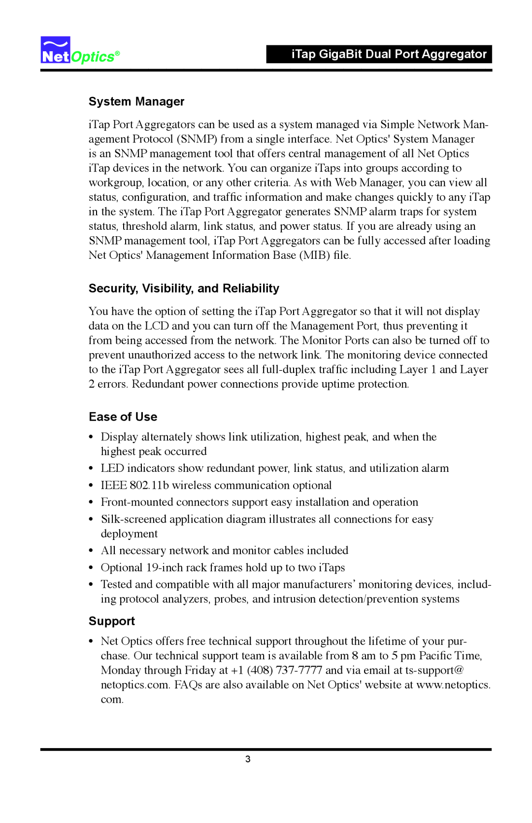 Net Optics 96547iTP, 96542iTP manual System Manager, Security, Visibility, and Reliability, Ease of Use, Support 