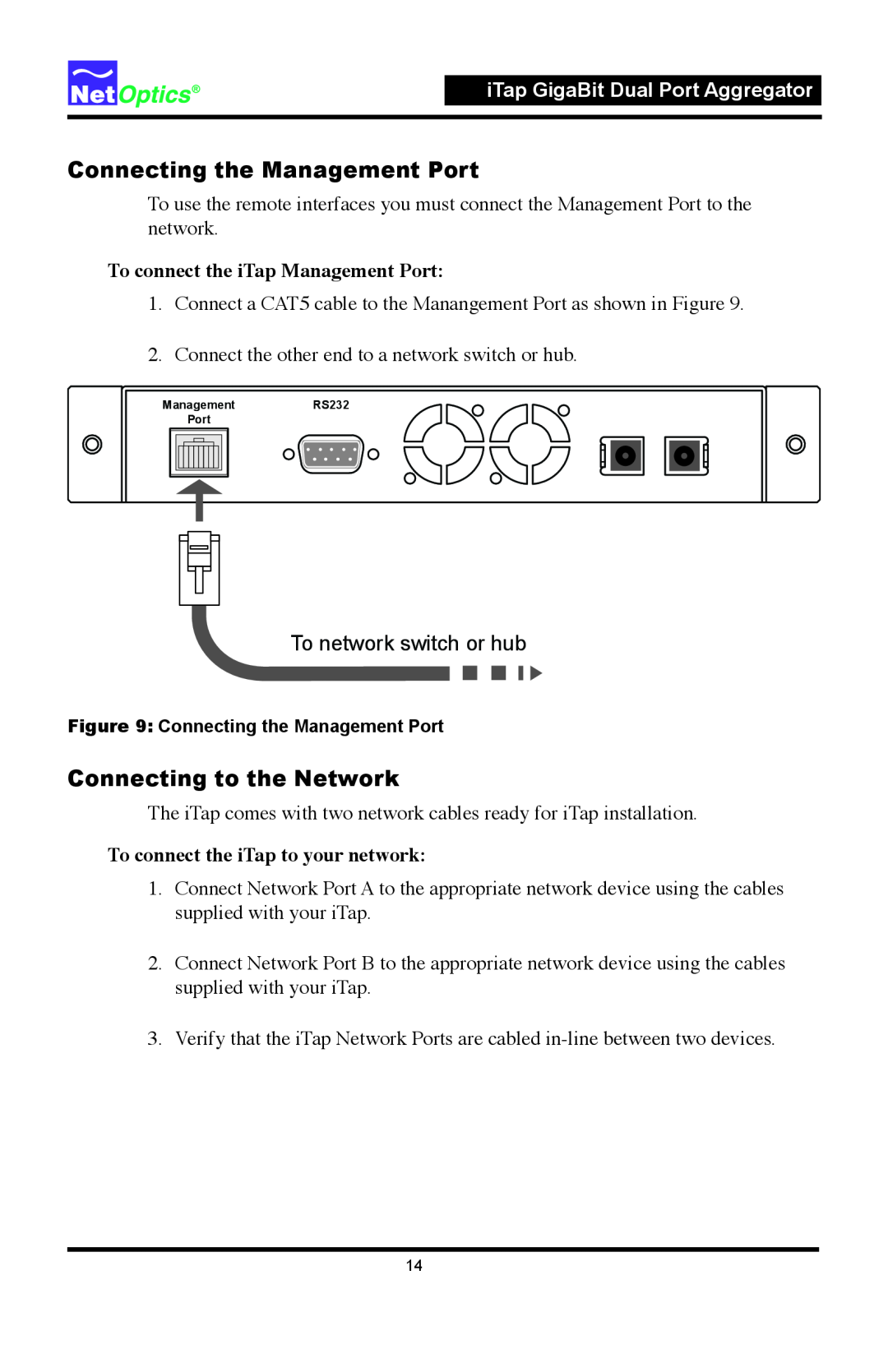 Net Optics 96542iTP manual Connecting the Management Port, Connecting to the Network, To connect the iTap Management Port 