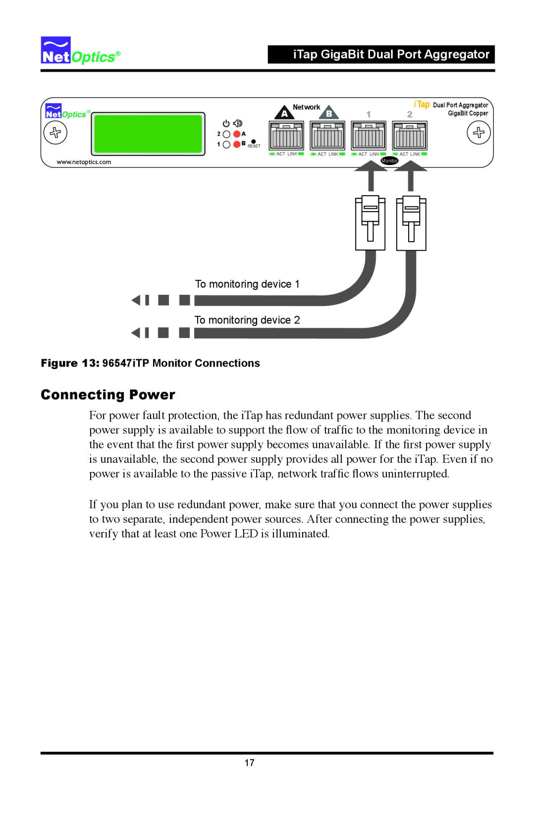Net Optics 96542iTP manual Connecting Power, iTap GigaBit Dual Port Aggregator, 96547iTP Monitor Connections 