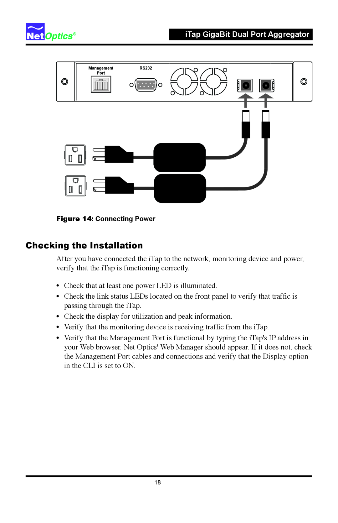 Net Optics 96542iTP, 96547iTP manual Checking the Installation, iTap GigaBit Dual Port Aggregator 
