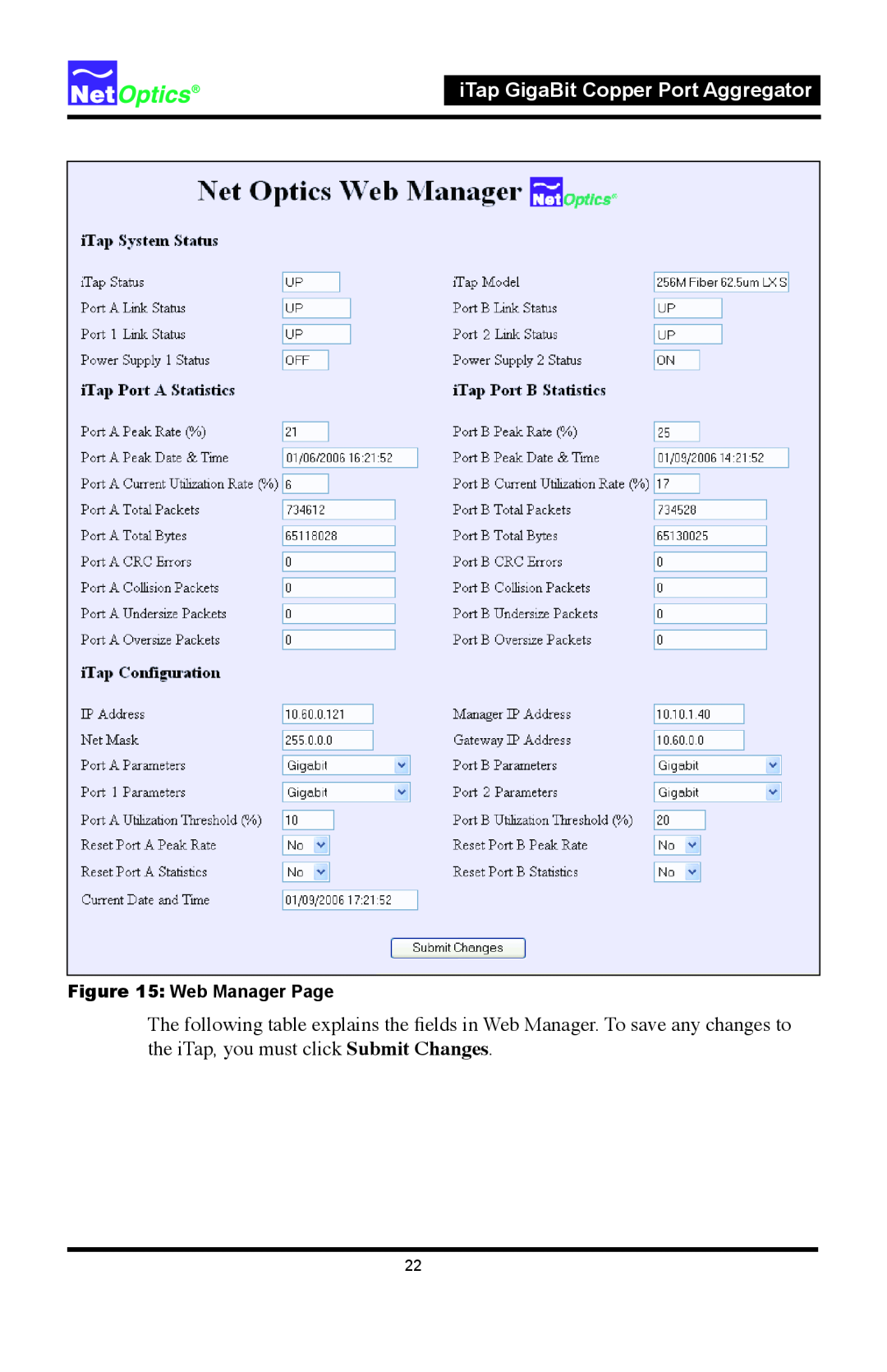 Net Optics 96542iTP, 96547iTP manual iTap GigaBit Copper Port Aggregator, Web Manager Page 