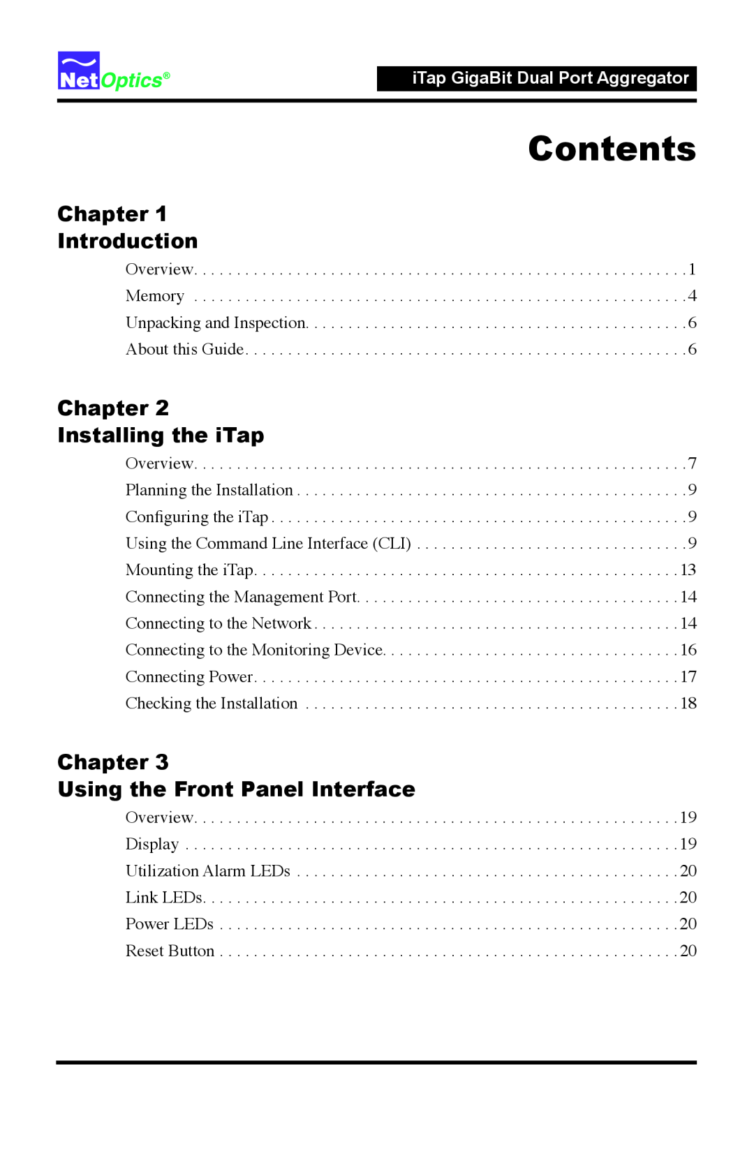 Net Optics 96547iTP Contents, Chapter Introduction, Chapter Installing the iTap, Chapter Using the Front Panel Interface 