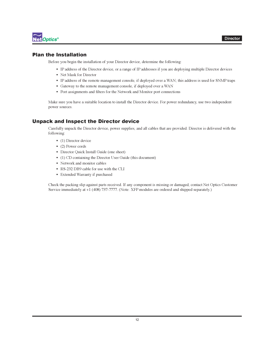 Net Optics manual Plan the Installation, Unpack and Inspect the Director device 