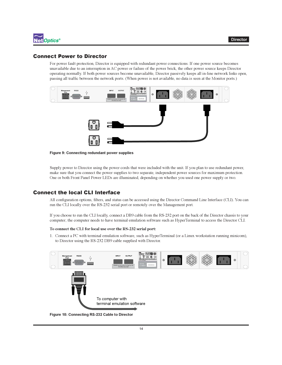 Net Optics manual Connect Power to Director, Connect the local CLI Interface 