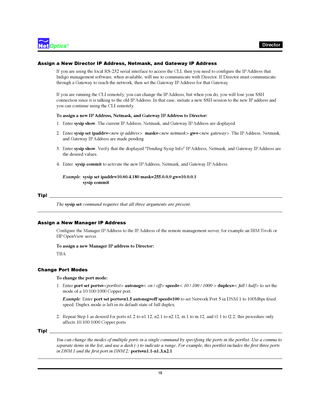 Net Optics manual Assign a New Manager IP Address, To assign a new Manager IP address to Director, Change Port Modes 