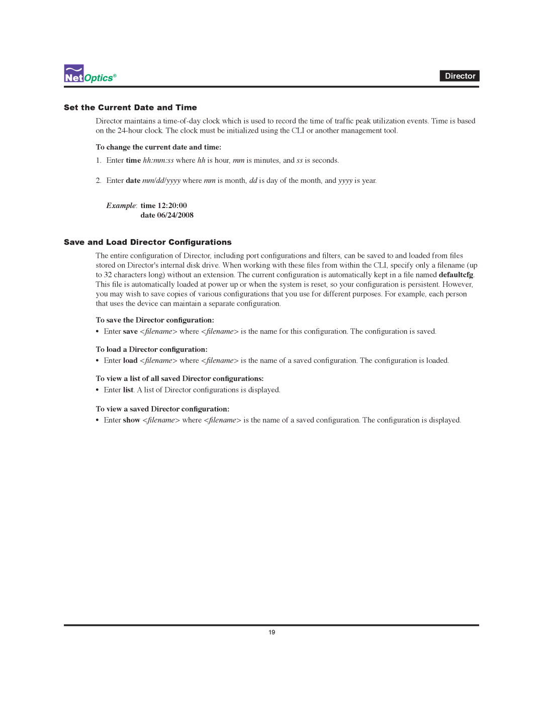 Net Optics manual Set the Current Date and Time, Save and Load Director Configurations 