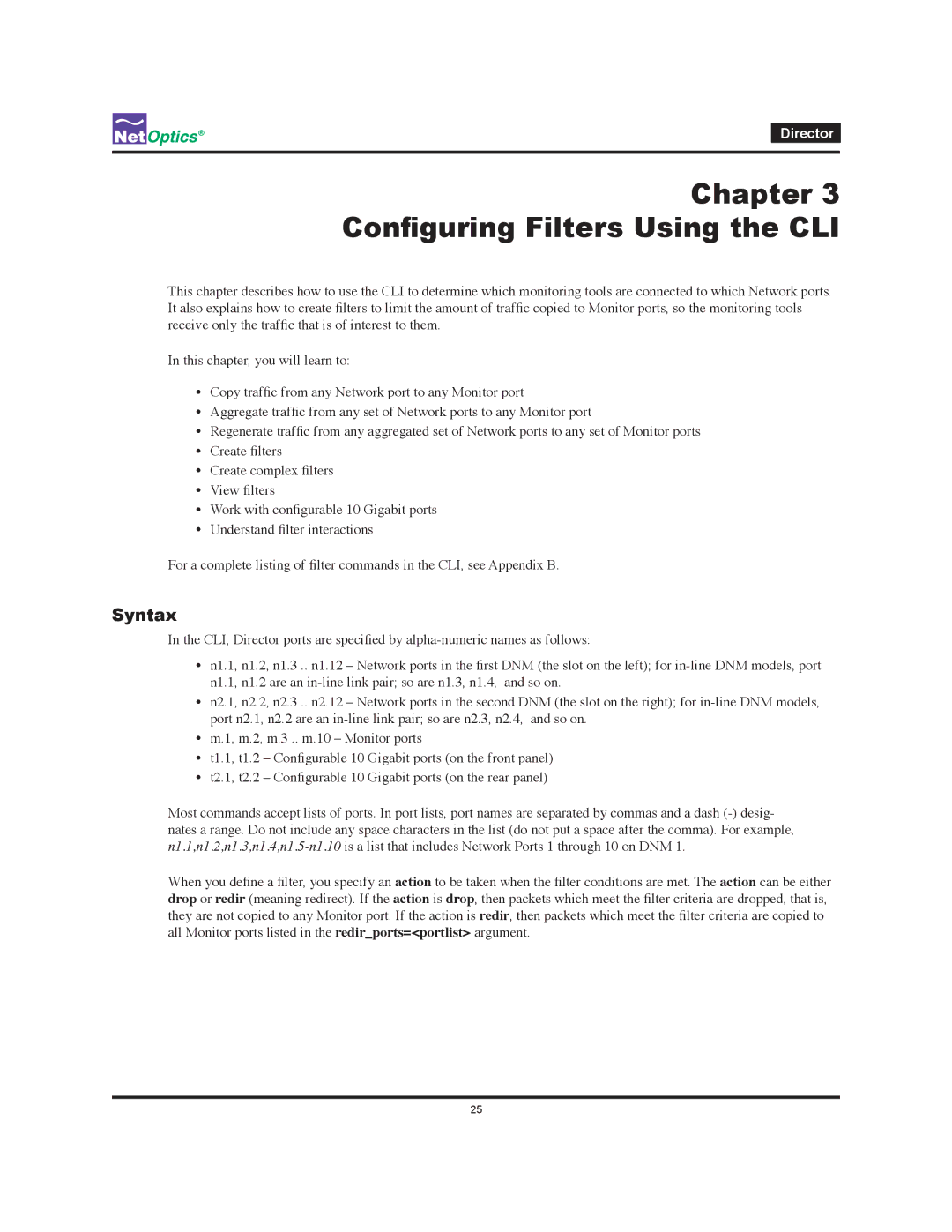 Net Optics Director manual Chapter Configuring Filters Using the CLI, Syntax 