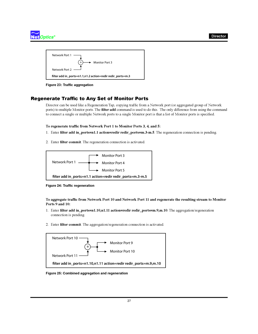 Net Optics Director Regenerate Traffic to Any Set of Monitor Ports, Lter add inports=n1.1 action=redir redirports=m.3-m.5 