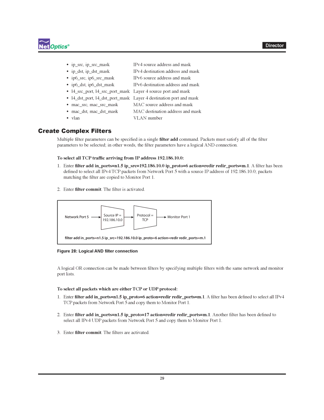 Net Optics Director manual Create Complex Filters, Logical and filter connection 