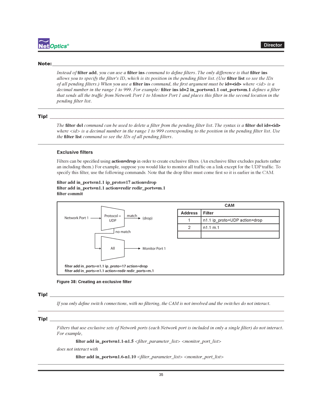 Net Optics Director manual Exclusive filters, N1.1 ipproto=UDP action=drop N1.1 m.1 