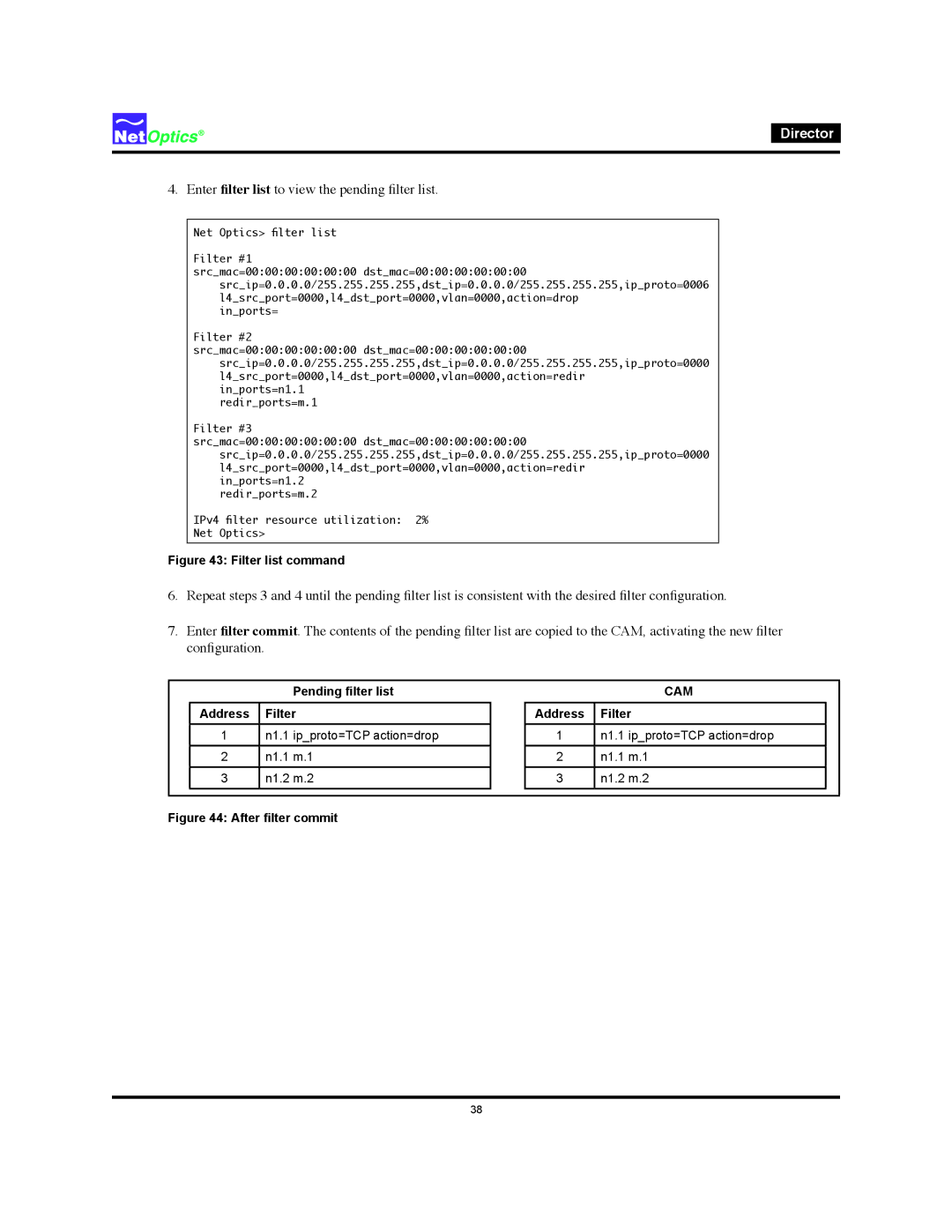 Net Optics Director manual Enter filter list to view the pending filter list 