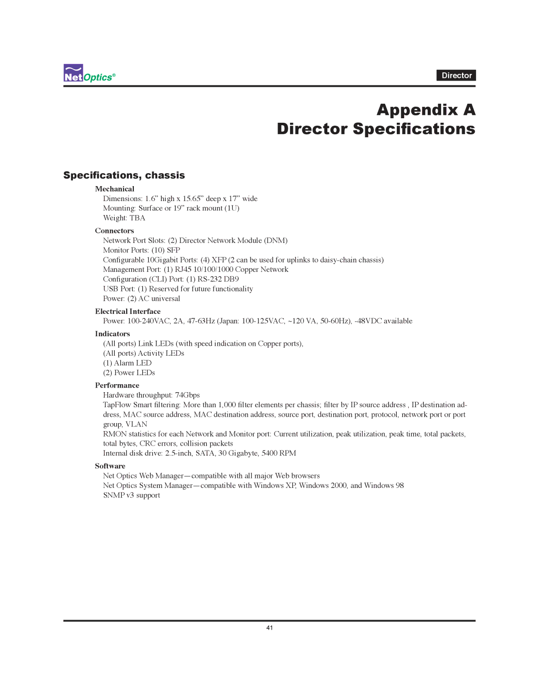 Net Optics manual Appendix a Director Specifications, Specifications, chassis 