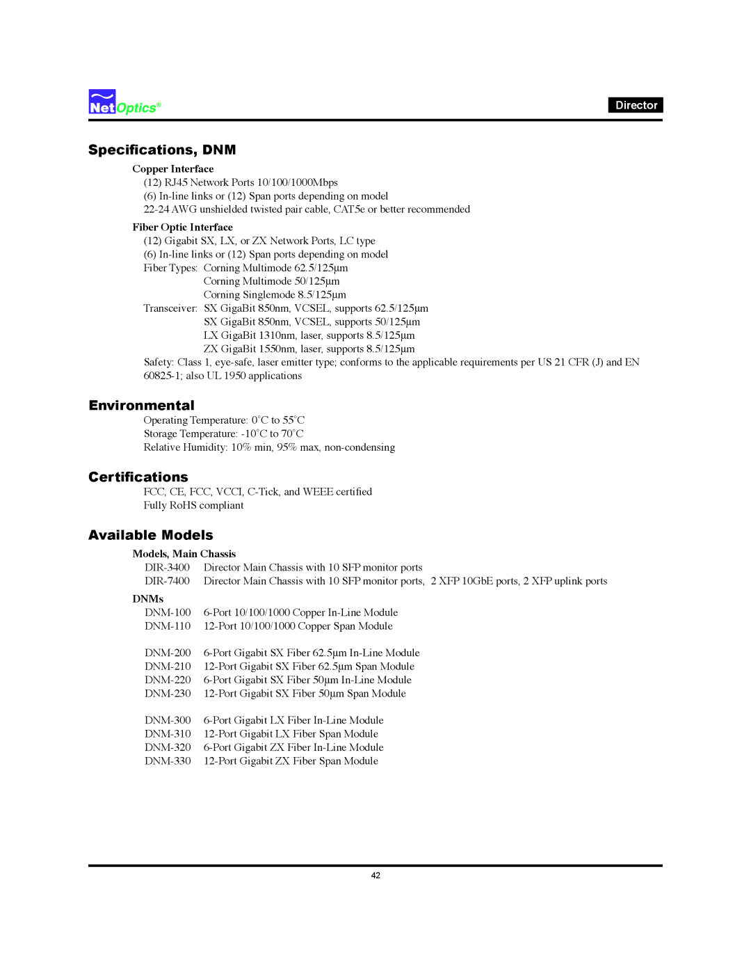 Net Optics Director manual Specifications, DNM, Environmental, Certifications, Available Models 