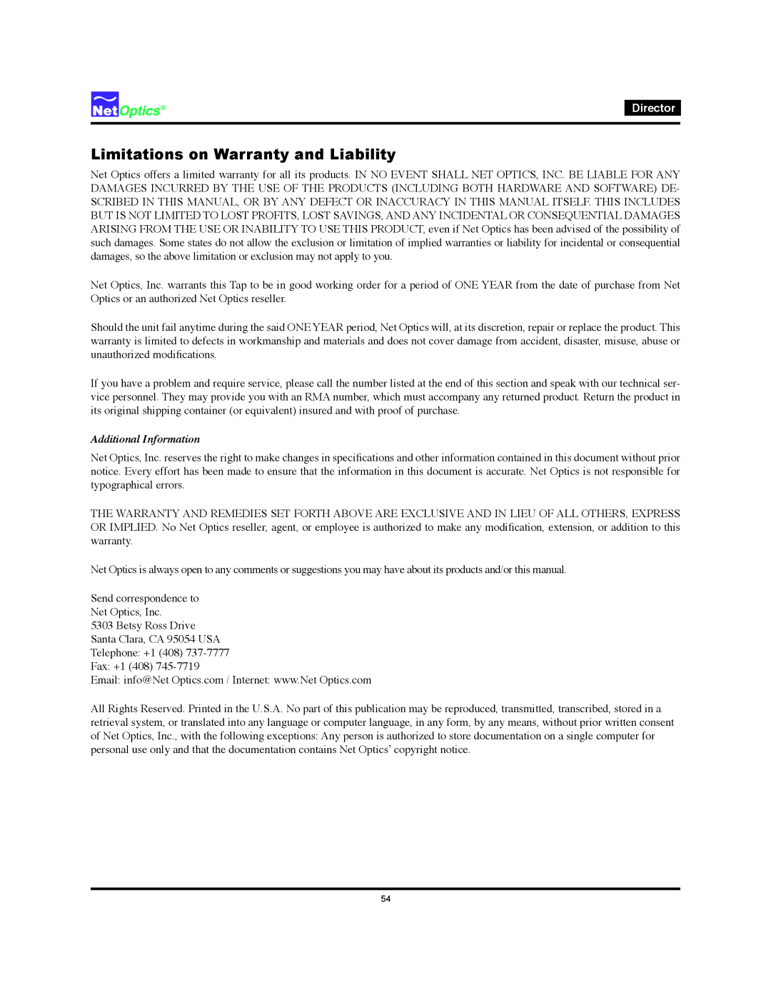 Net Optics Director manual Limitations on Warranty and Liability 