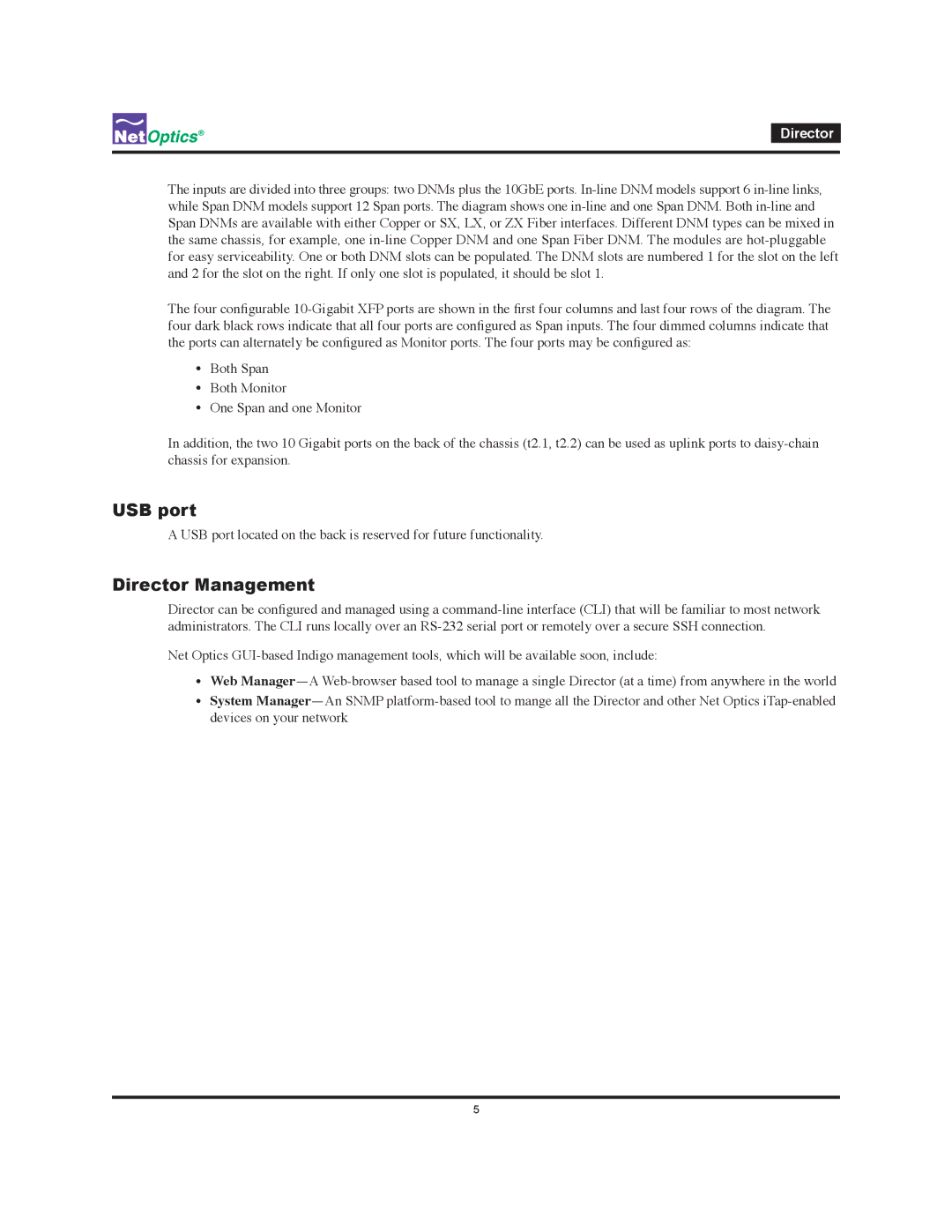 Net Optics manual USB port, Director Management 