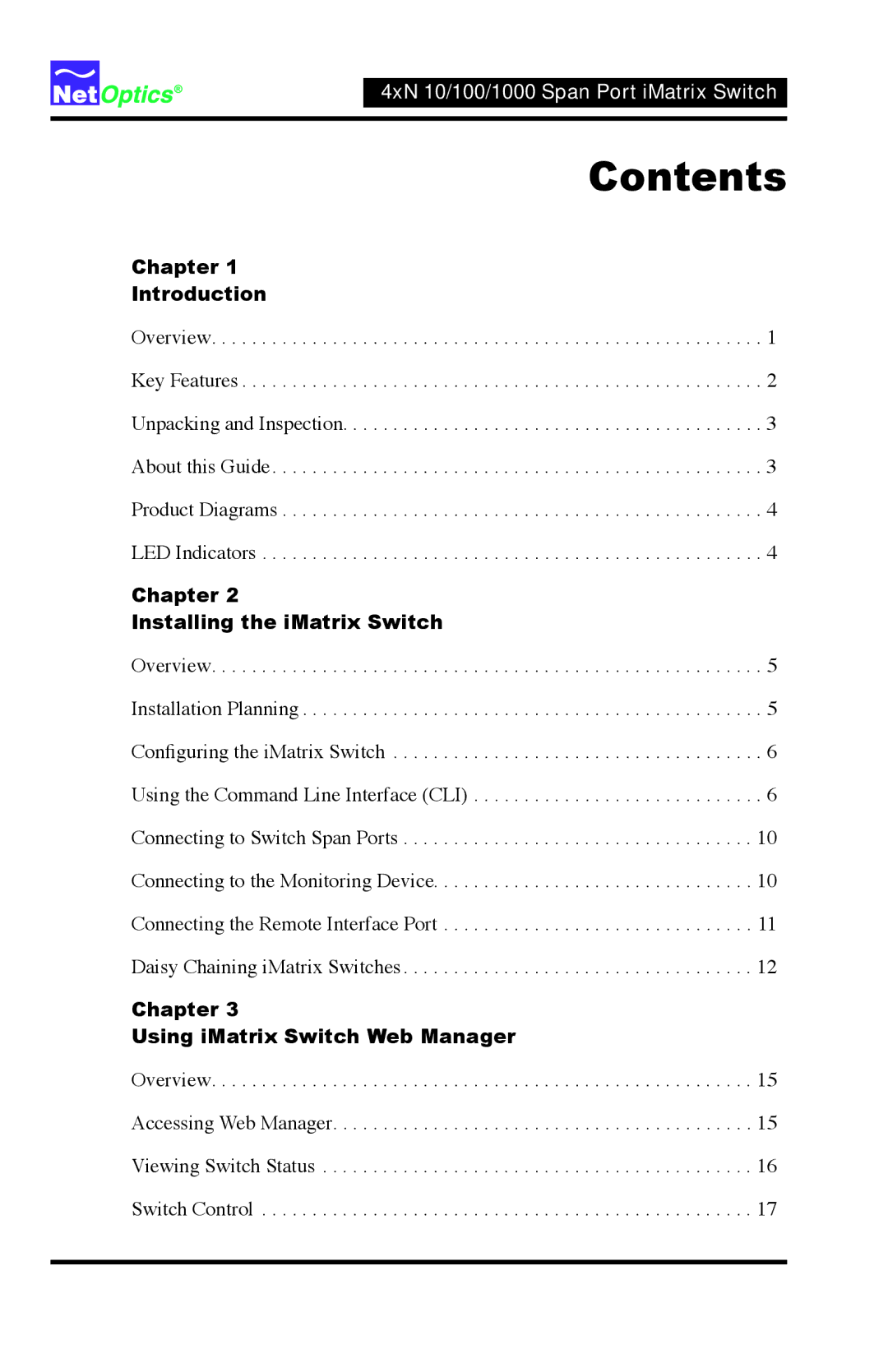 Net Optics ISW-CU3-S4x16 manual Contents 