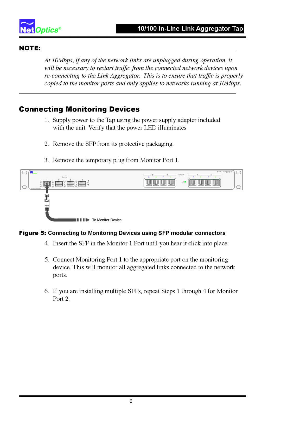 Net Optics Link Aggregator Tap 10/100 In-Line to GigaBit with SFP Monitor Ports manual Connecting Monitoring Devices 