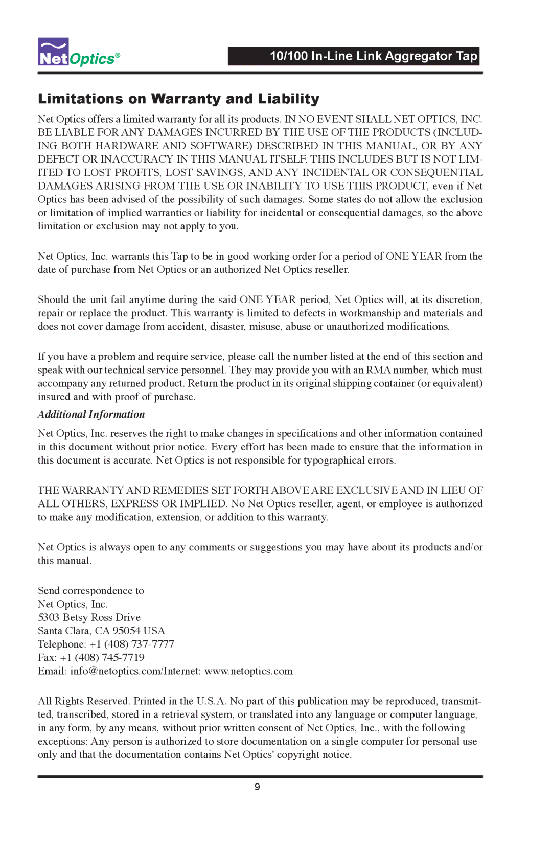 Net Optics Link Aggregator Tap 10/100 In-Line to GigaBit with SFP Monitor Ports Limitations on Warranty and Liability 