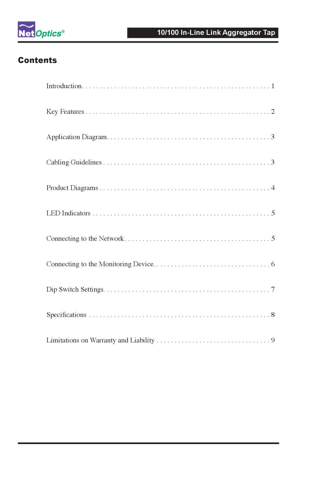 Net Optics Link Aggregator Tap 10/100 In-Line to GigaBit with SFP Monitor Ports manual Contents 