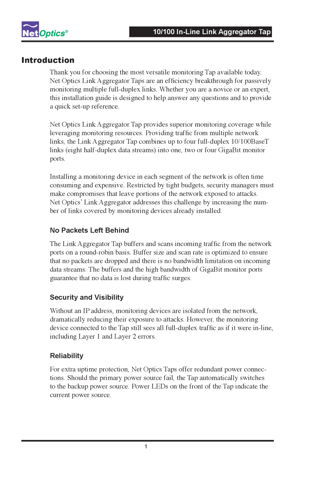 Net Optics Link Aggregator Tap 10/100 In-Line to GigaBit with SFP Monitor Ports manual Introduction, No Packets Left Behind 