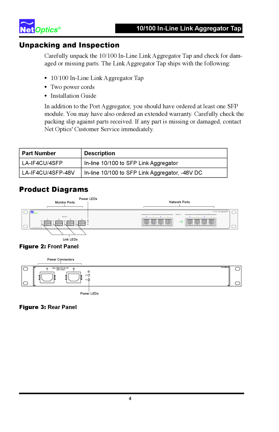 Net Optics Link Aggregator Tap 10/100 In-Line to GigaBit with SFP Monitor Ports Unpacking and Inspection, Product Diagrams 