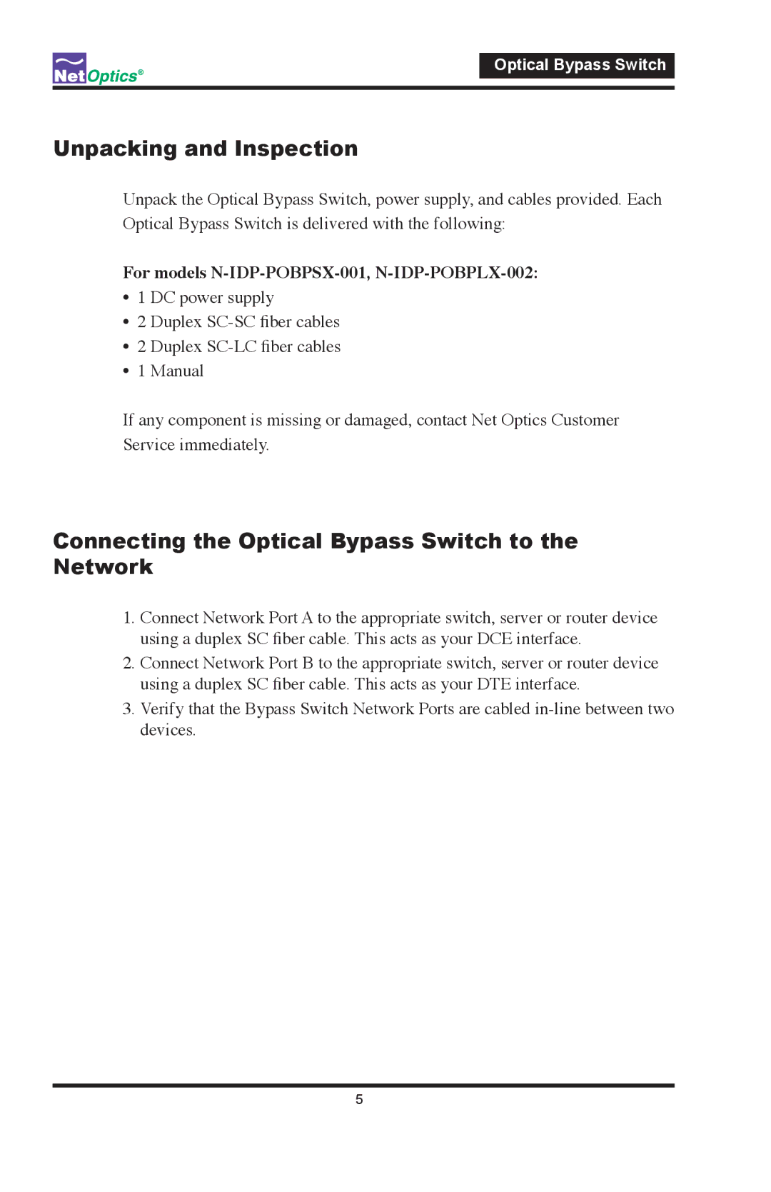 Net Optics manual Unpacking and Inspection, For models N-IDP-POBPSX-001, N-IDP-POBPLX-002 