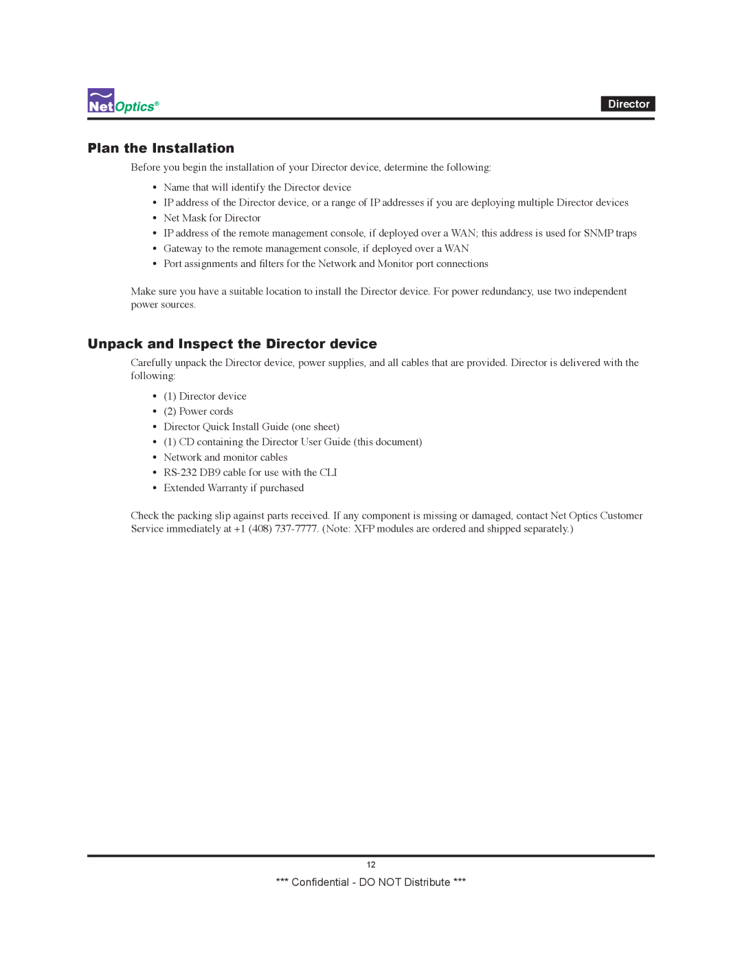 Net Optics none manual Plan the Installation, Unpack and Inspect the Director device 