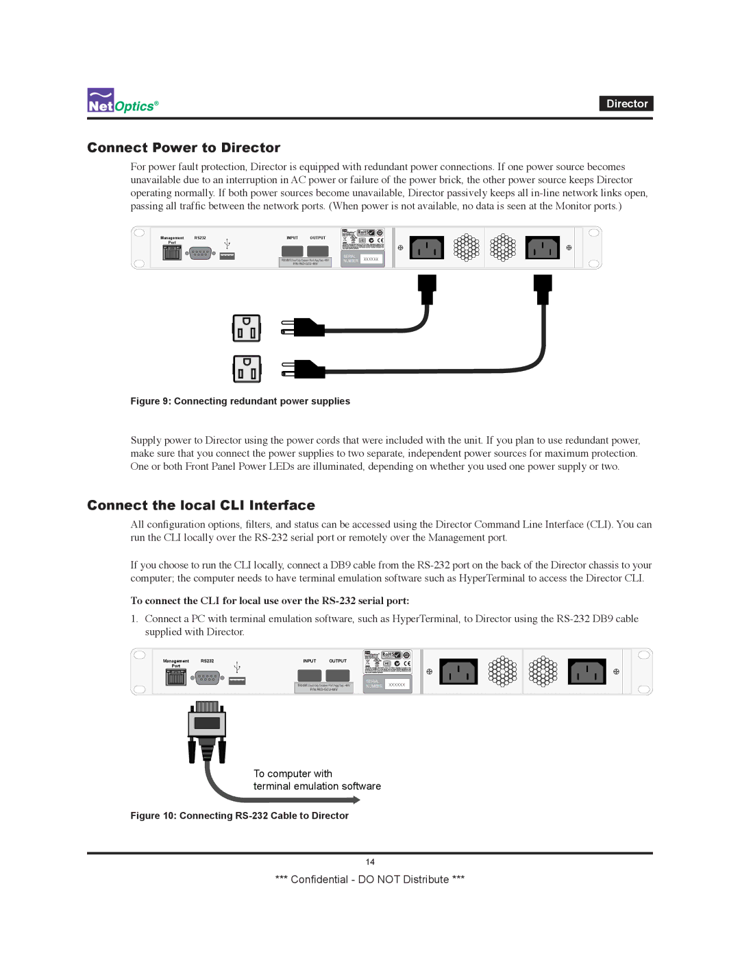 Net Optics none manual Connect Power to Director, Connect the local CLI Interface 