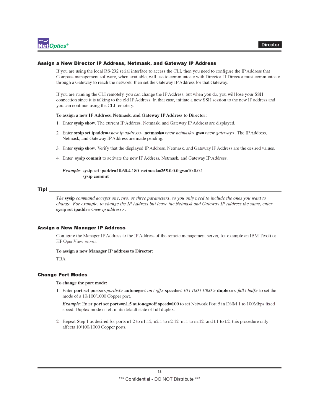 Net Optics none manual Assign a New Manager IP Address, To assign a new Manager IP address to Director, Change Port Modes 