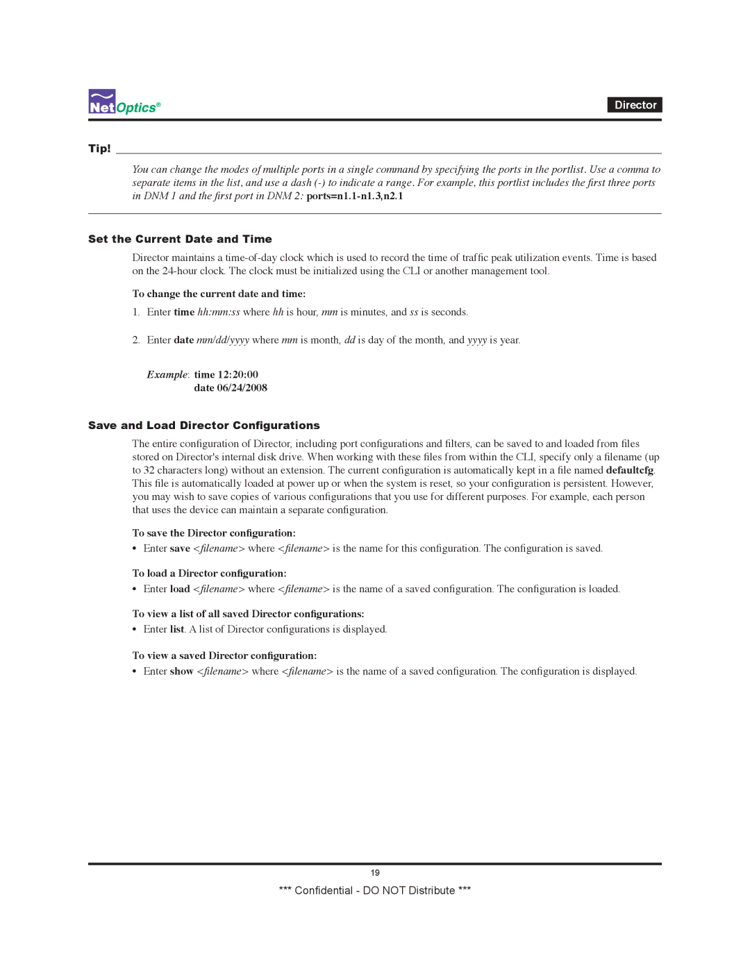 Net Optics none manual Set the Current Date and Time, Save and Load Director Configurations 