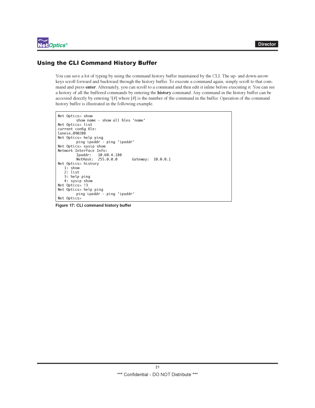 Net Optics none manual Using the CLI Command History Buffer, Current config file 