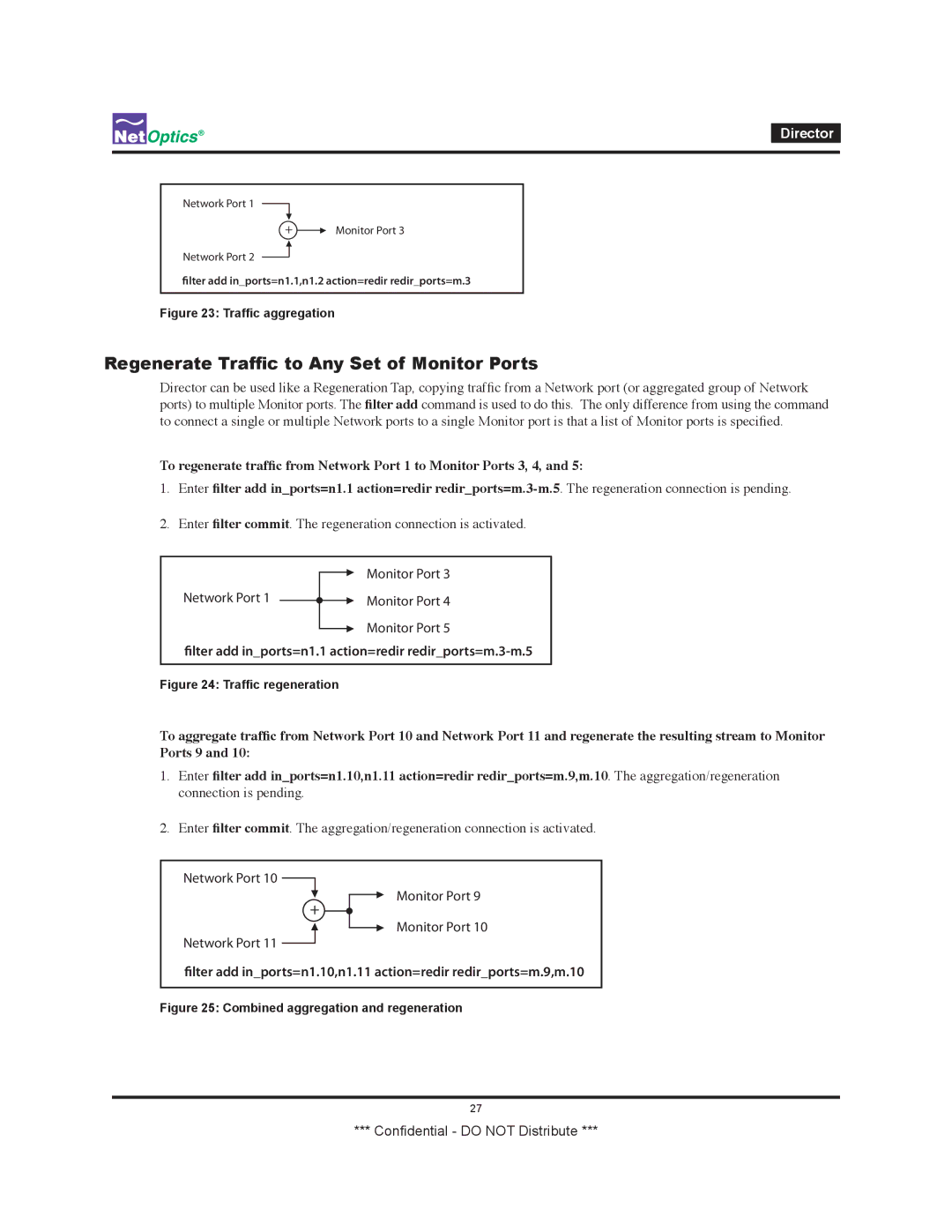 Net Optics none Regenerate Traffic to Any Set of Monitor Ports, Lter add inports=n1.1 action=redir redirports=m.3-m.5 