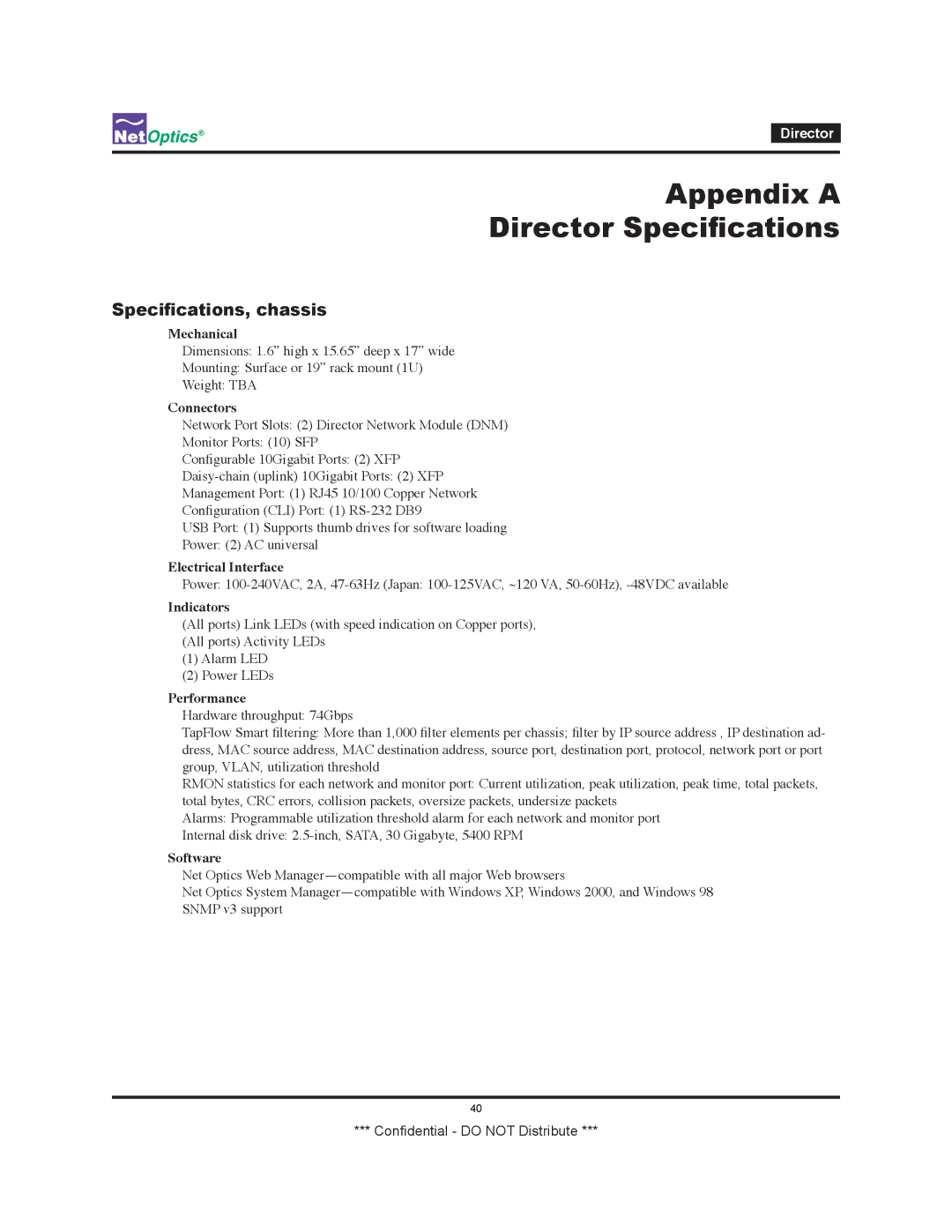 Net Optics none manual Appendix a Director Specifications, Specifications, chassis 