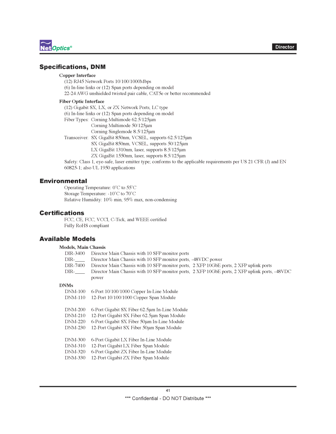 Net Optics none manual Specifications, DNM, Environmental, Certifications, Available Models 