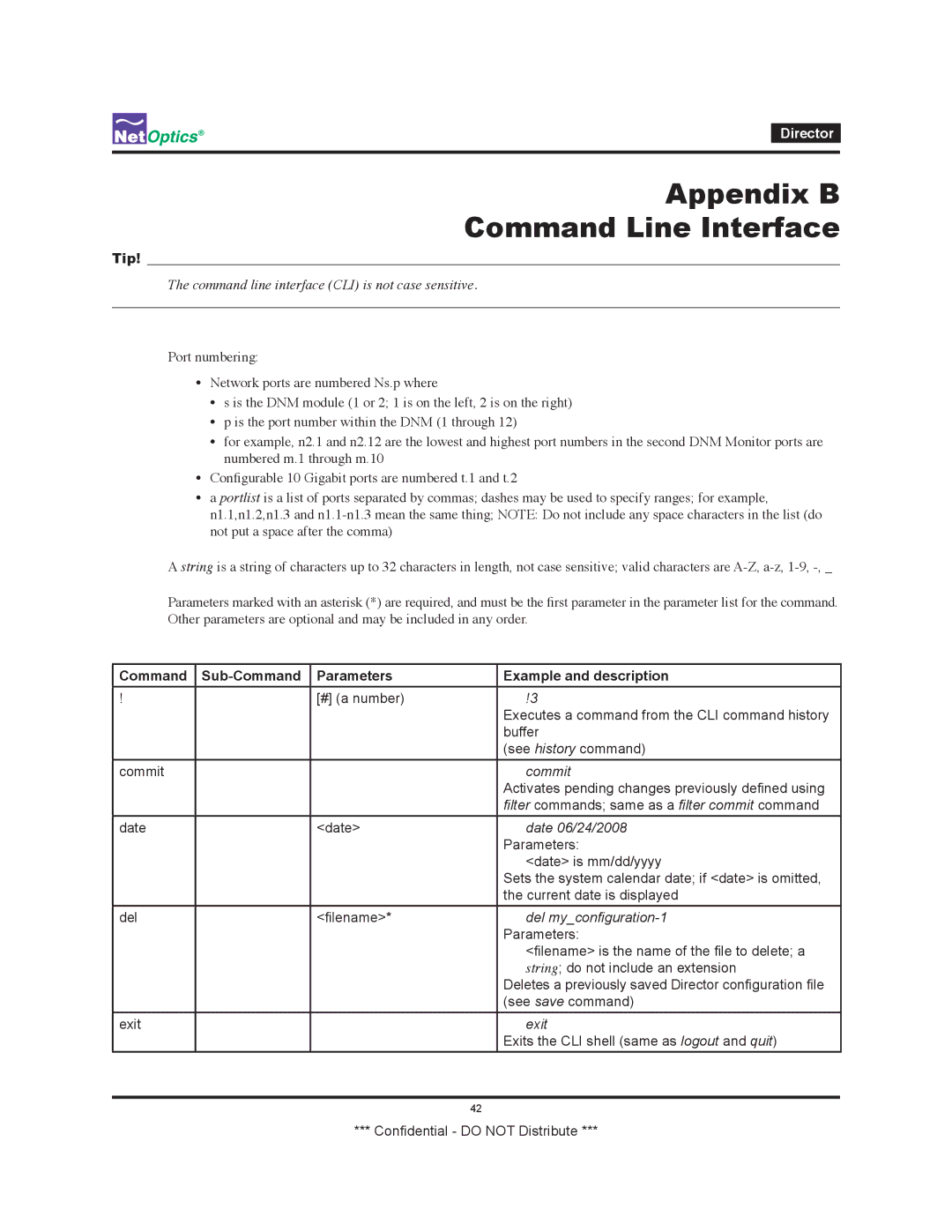 Net Optics none manual Appendix B Command Line Interface, Command Sub-Command Parameters Example and description 