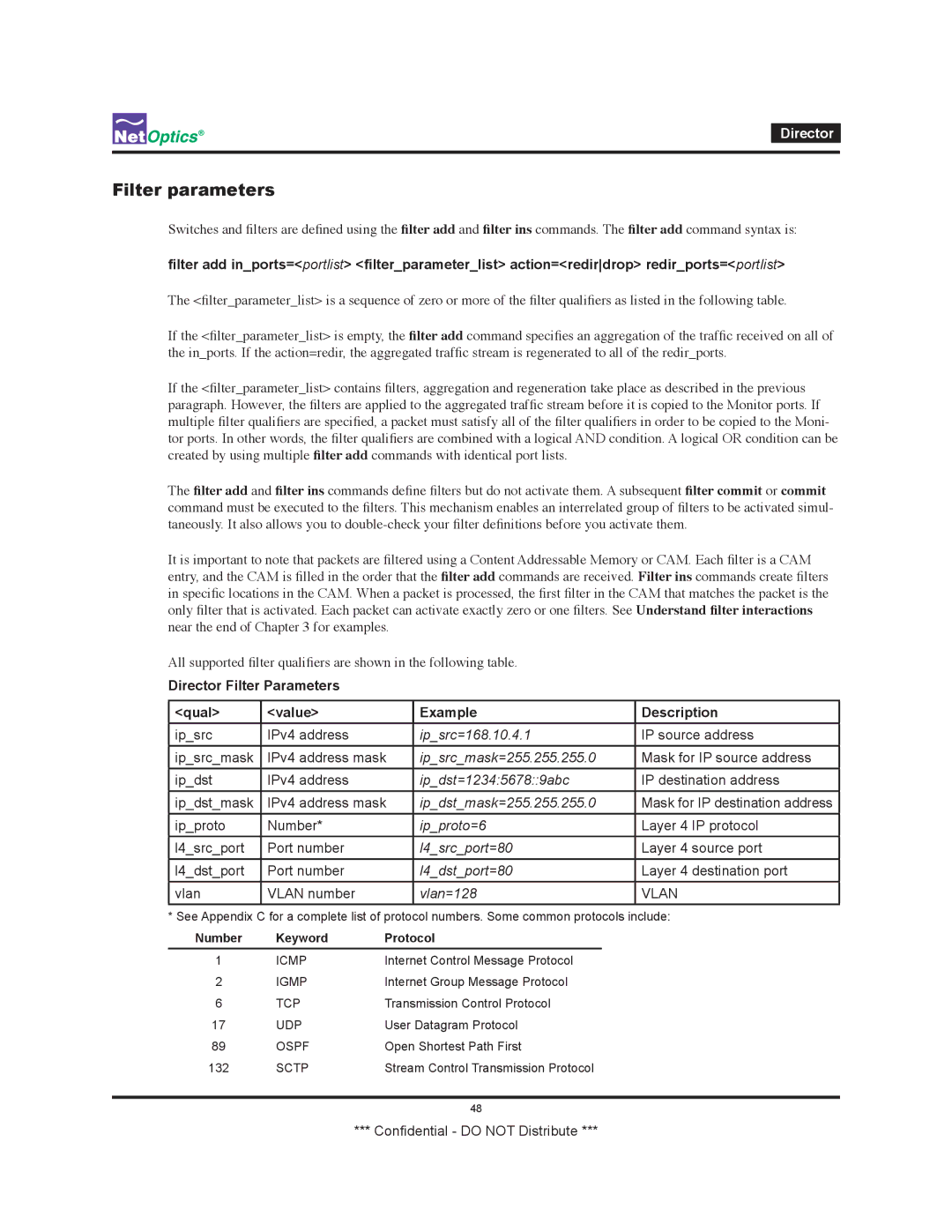 Net Optics none manual Filter parameters, Director Filter Parameters Qual Value Example Description 