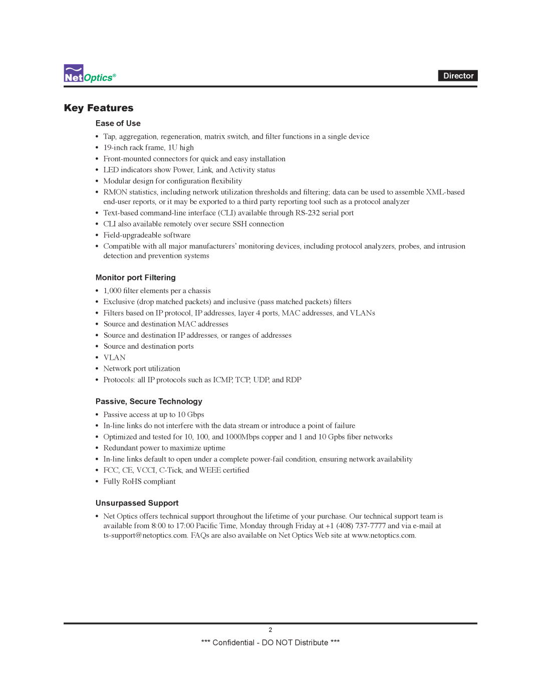 Net Optics none manual Key Features, Ease of Use, Monitor port Filtering, Passive, Secure Technology, Unsurpassed Support 