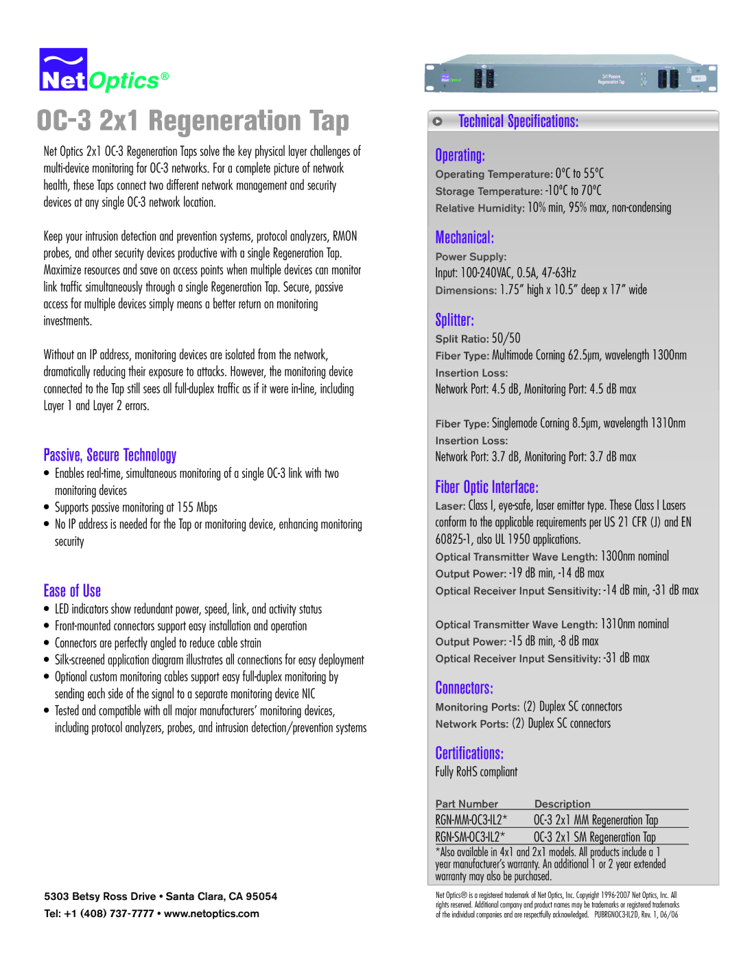 Net Optics OC-3 technical specifications Passive, Secure Technology, Ease of Use, Technical Specifications Operating 