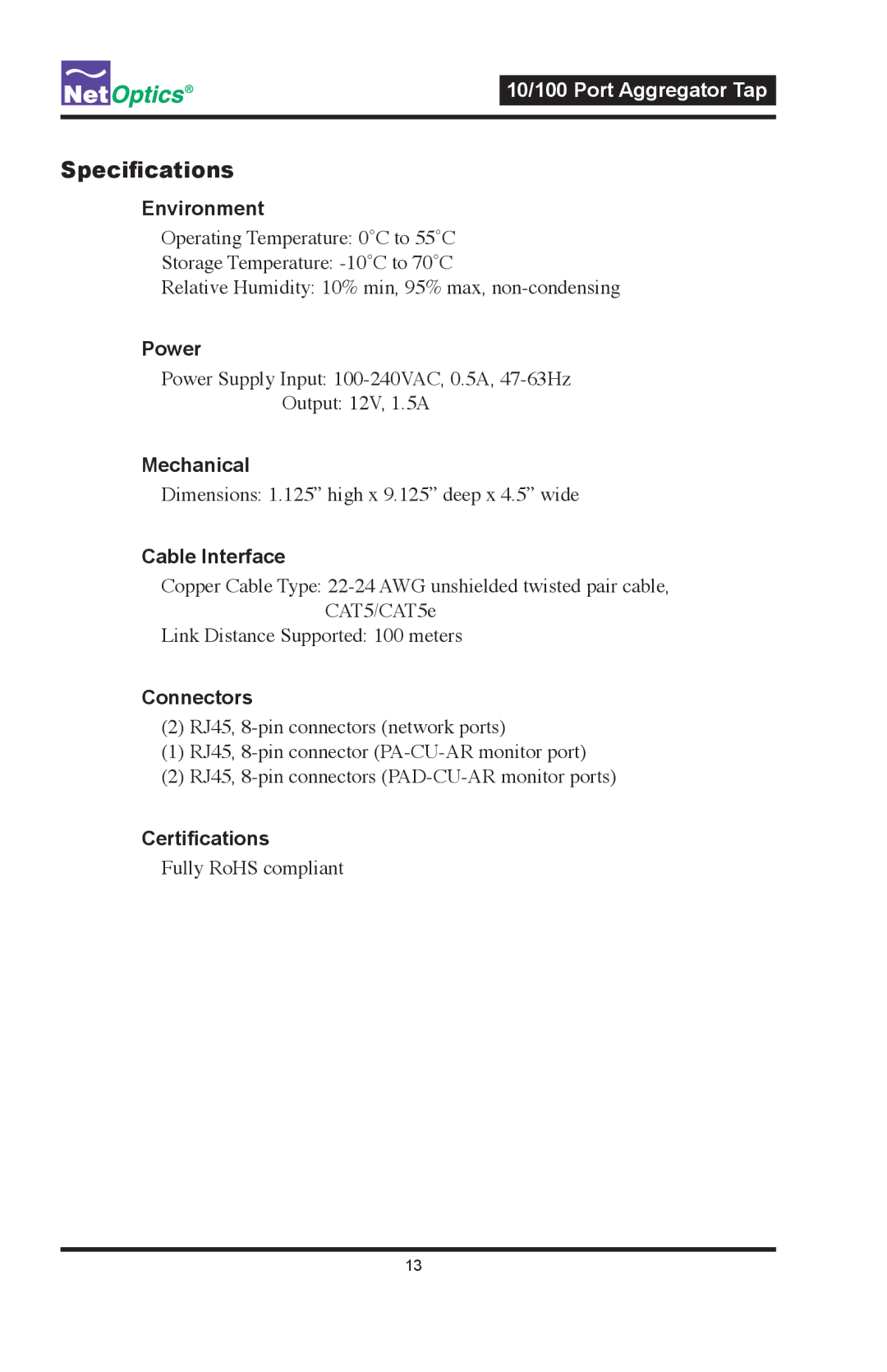 Net Optics PAD-CU-AR, PA-CU-AR manual Specifications 