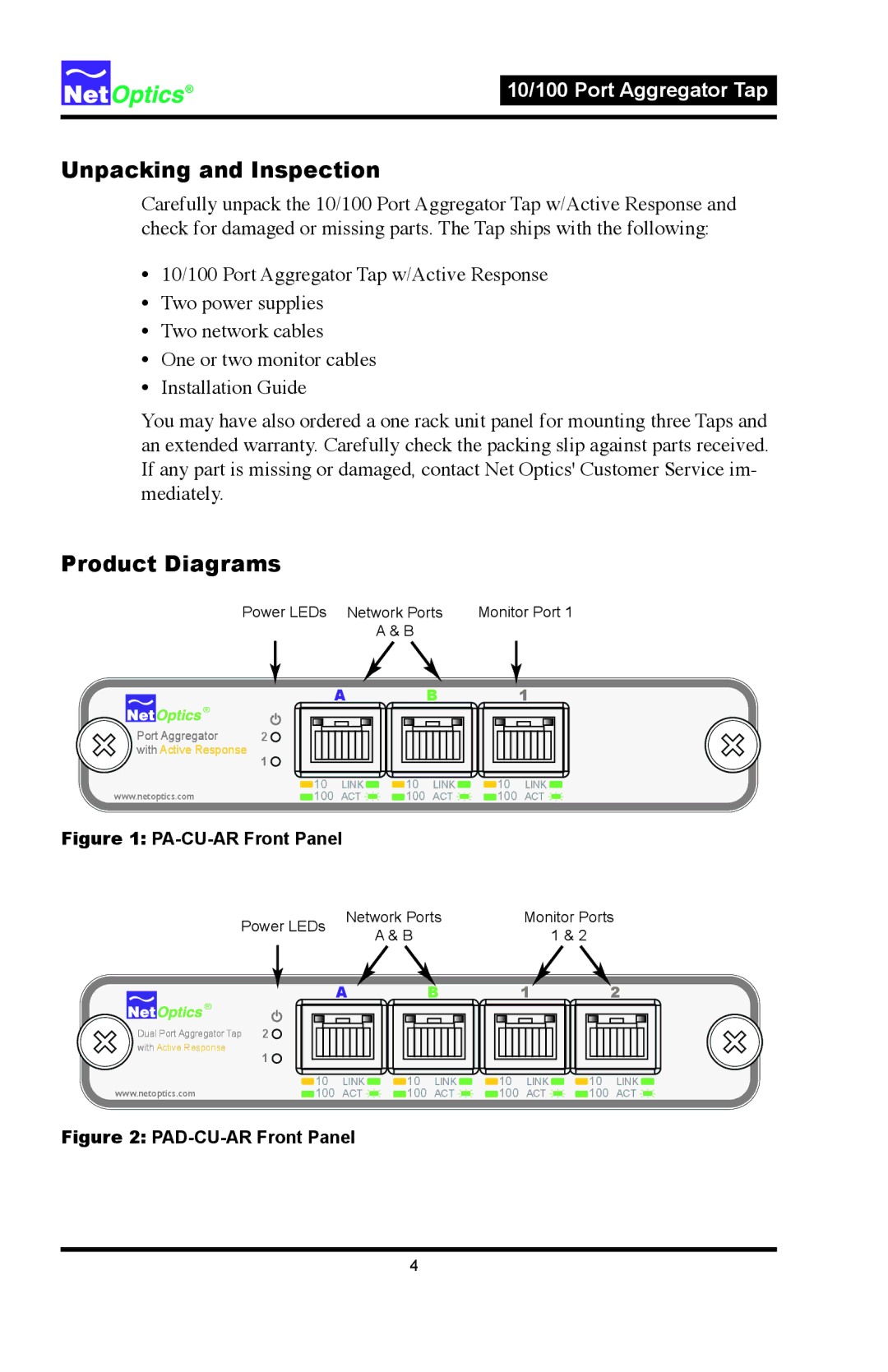 Net Optics PA-CU-AR, PAD-CU-AR manual Unpacking and Inspection, Product Diagrams 