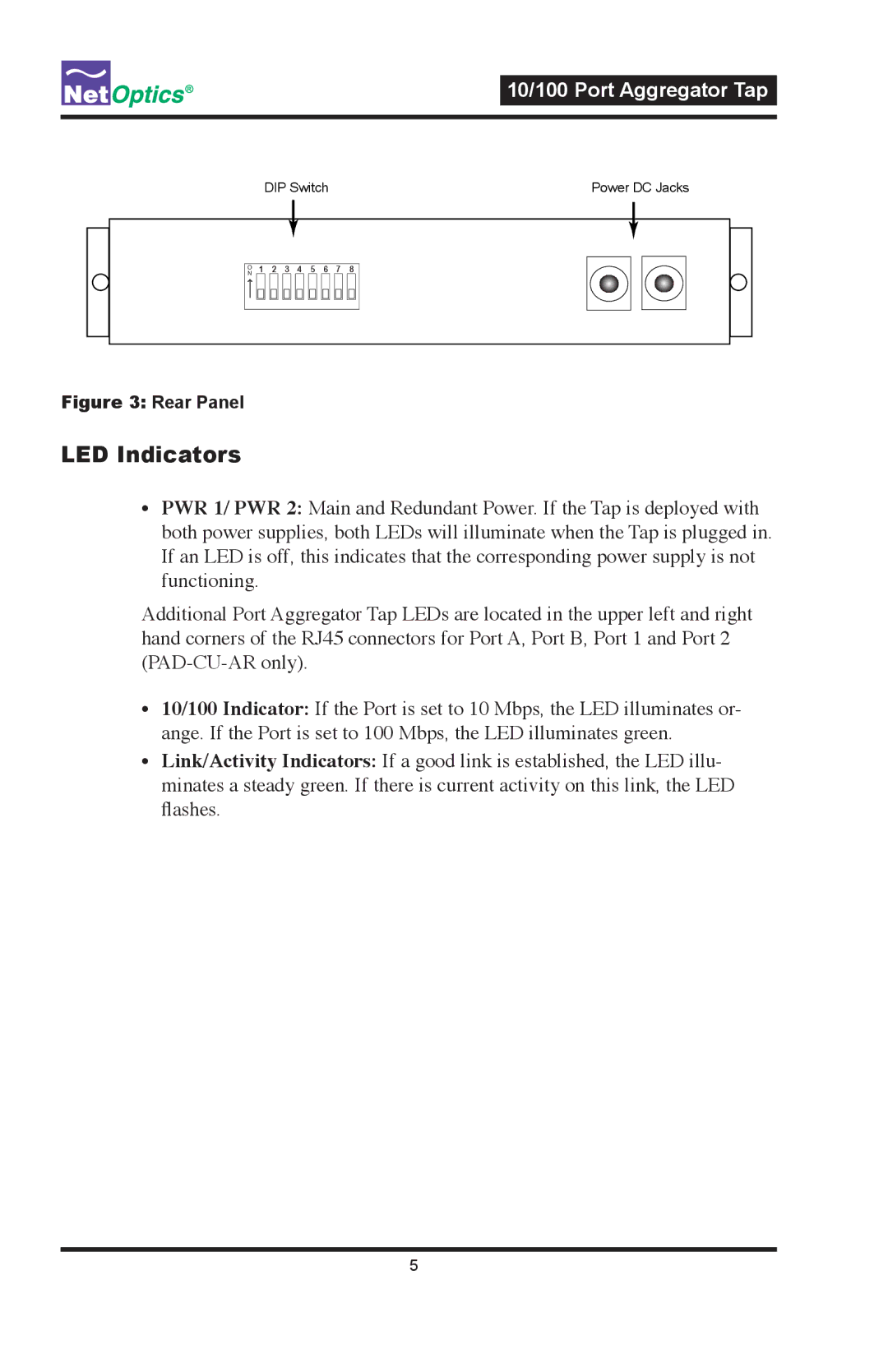 Net Optics PAD-CU-AR, PA-CU-AR manual LED Indicators, Rear Panel 