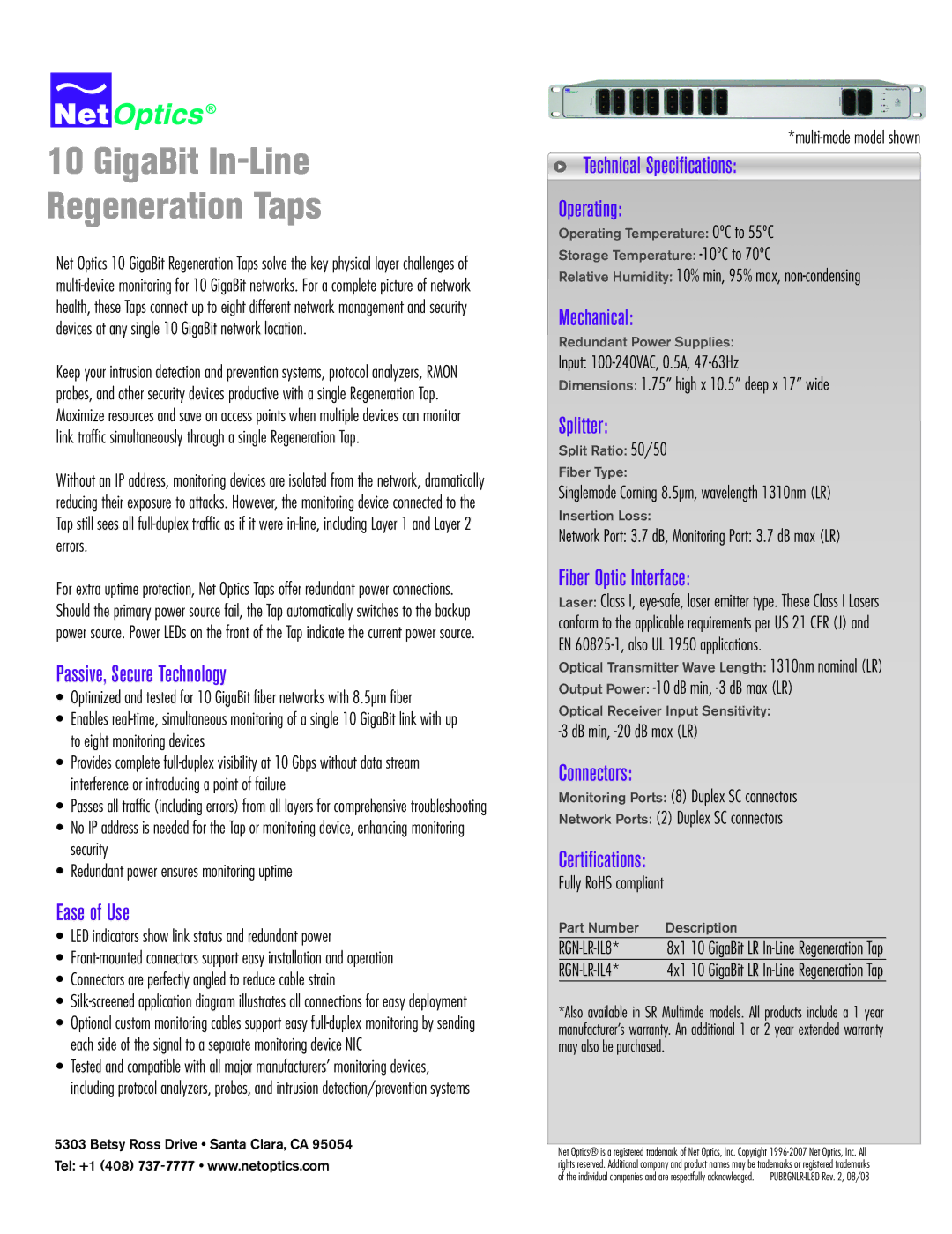 Net Optics RGN-SR-IL4, RGN-50SR-IL8 technical specifications RGN-LR-IL8, RGN-LR-IL4 