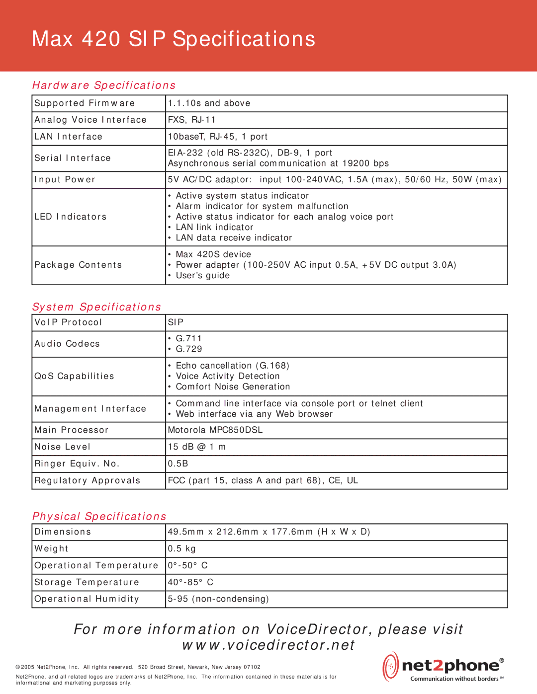 Net2Phone Max 420 SIP manual Hardware Specifications, System Specifications, Physical Specifications 