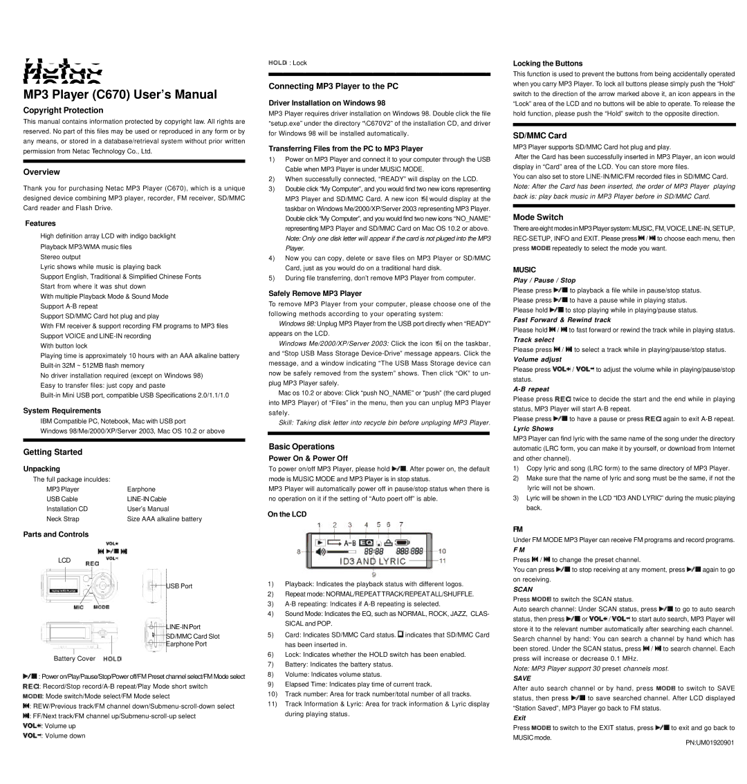 Netac Tech C670 user manual Copyright Protection Overview, Getting Started, Connecting MP3 Player to the PC, SD/MMC Card 