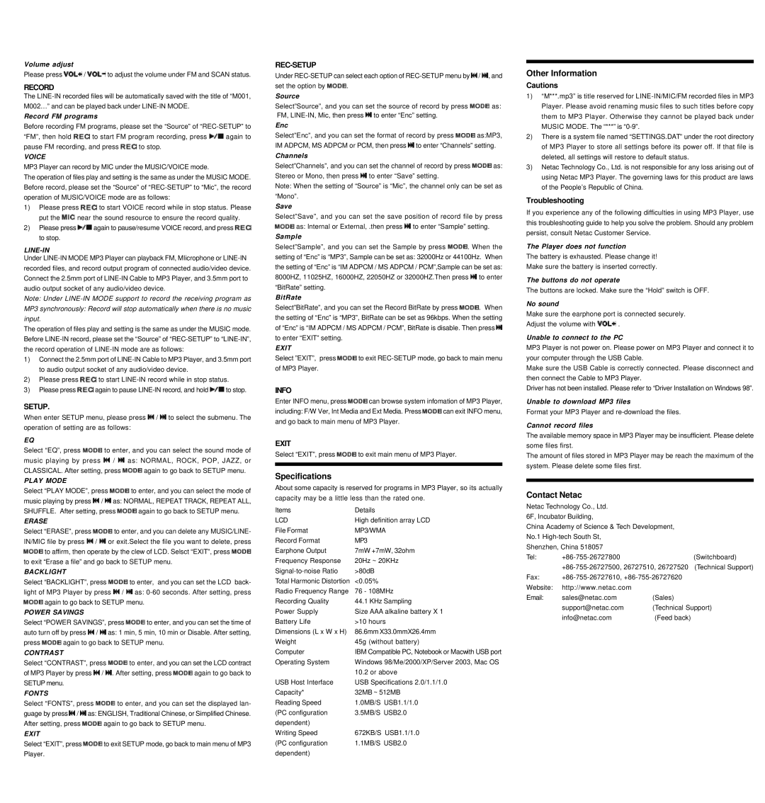 Netac Tech C670 user manual Specifications, Other Information, Contact Netac, Troubleshooting 