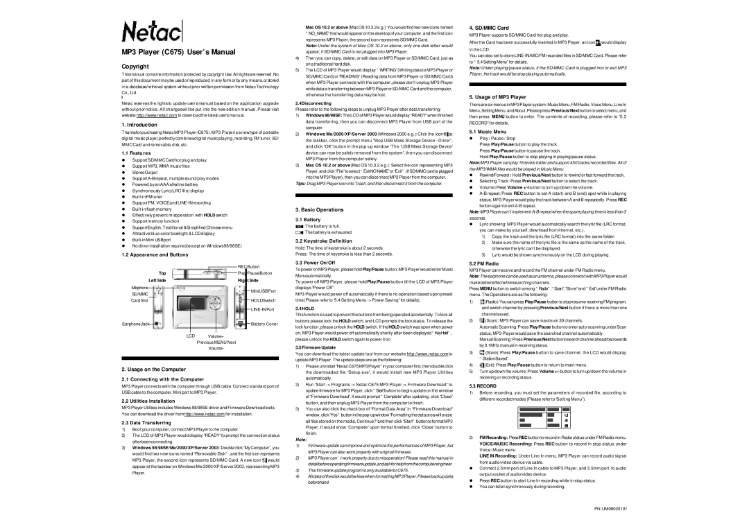 Netac Tech C675 user manual Introduction, Usage on the Computer, Basic Operations, SD/MMC Card, Usage of MP3 Player 