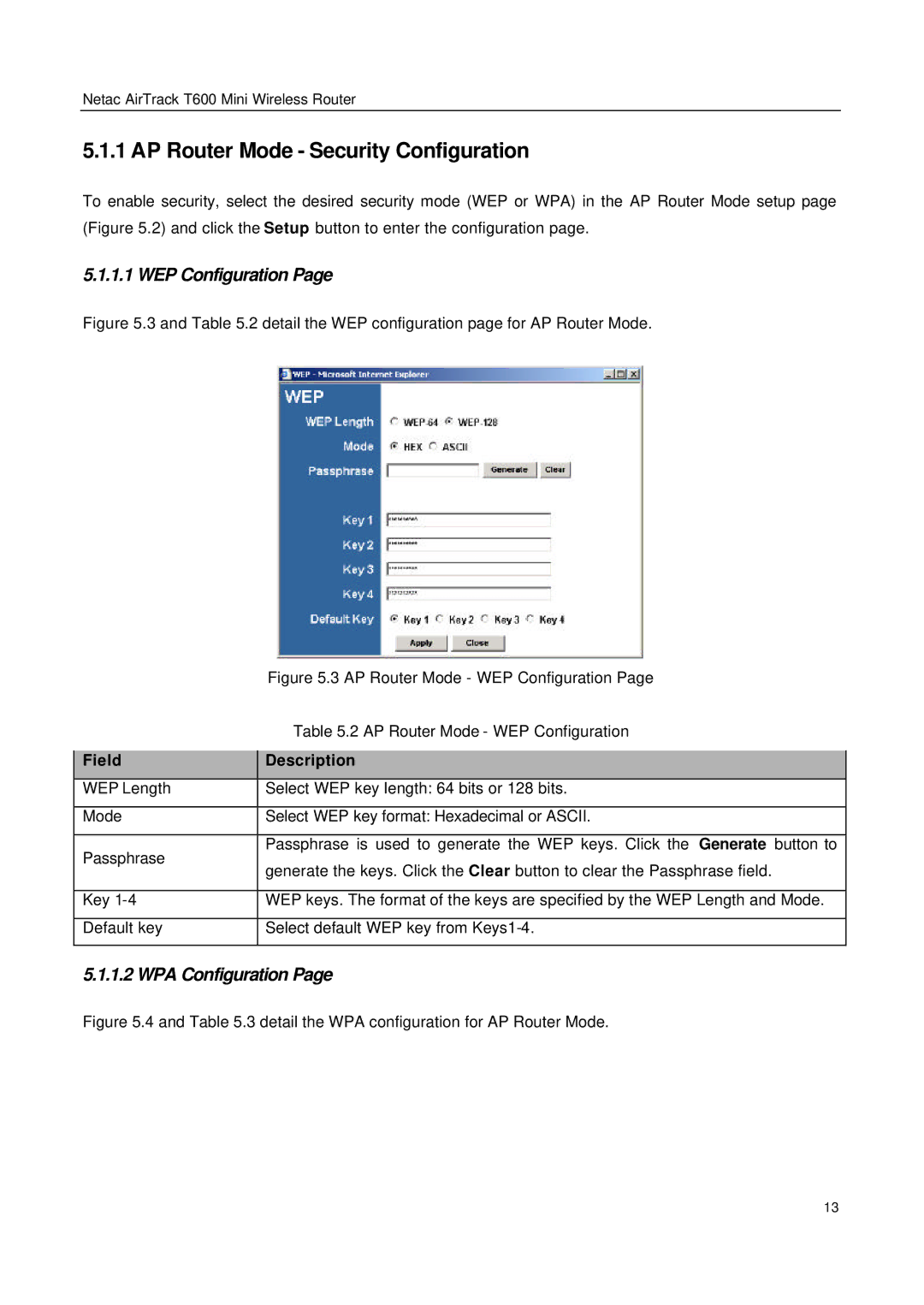 Netac Tech T600 manual AP Router Mode Security Configuration, WEP Configuration 