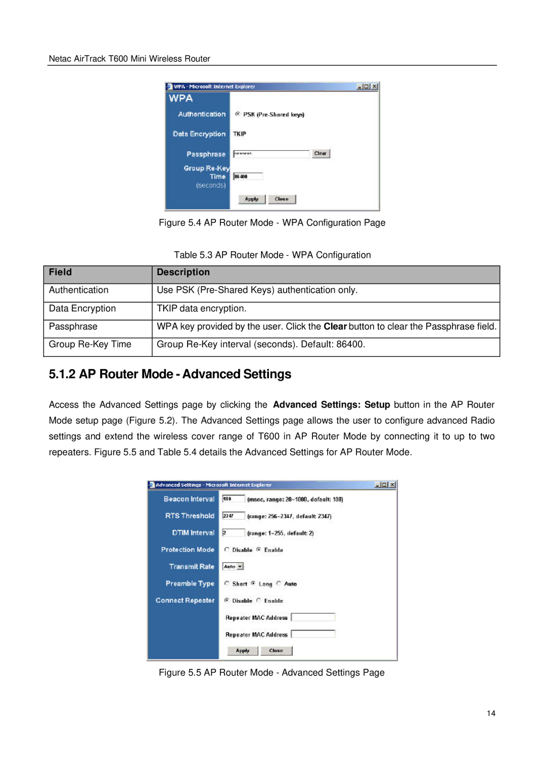 Netac Tech T600 manual AP Router Mode Advanced Settings, AP Router Mode WPA Configuration 