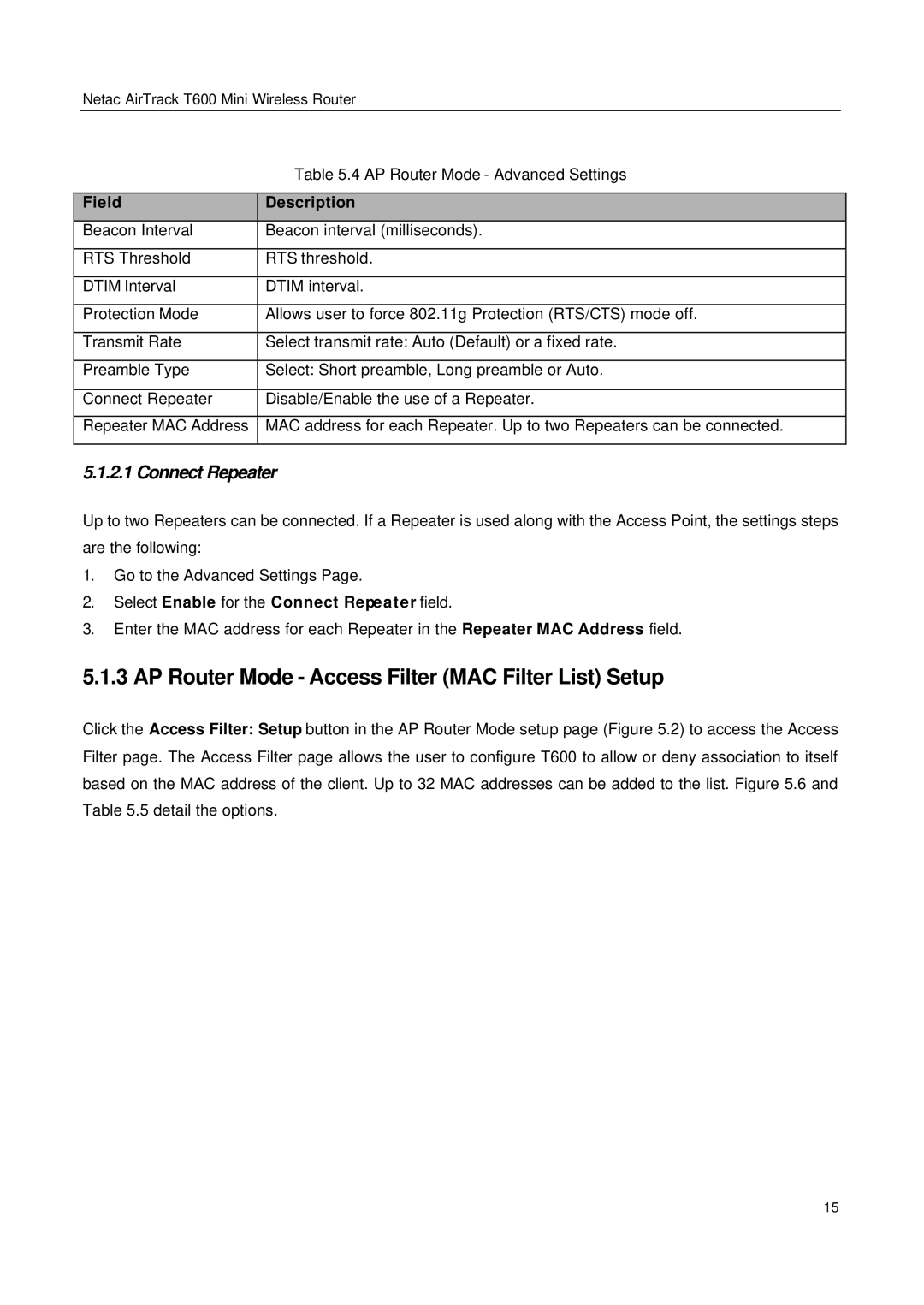 Netac Tech T600 manual AP Router Mode Access Filter MAC Filter List Setup, Connect Repeater 