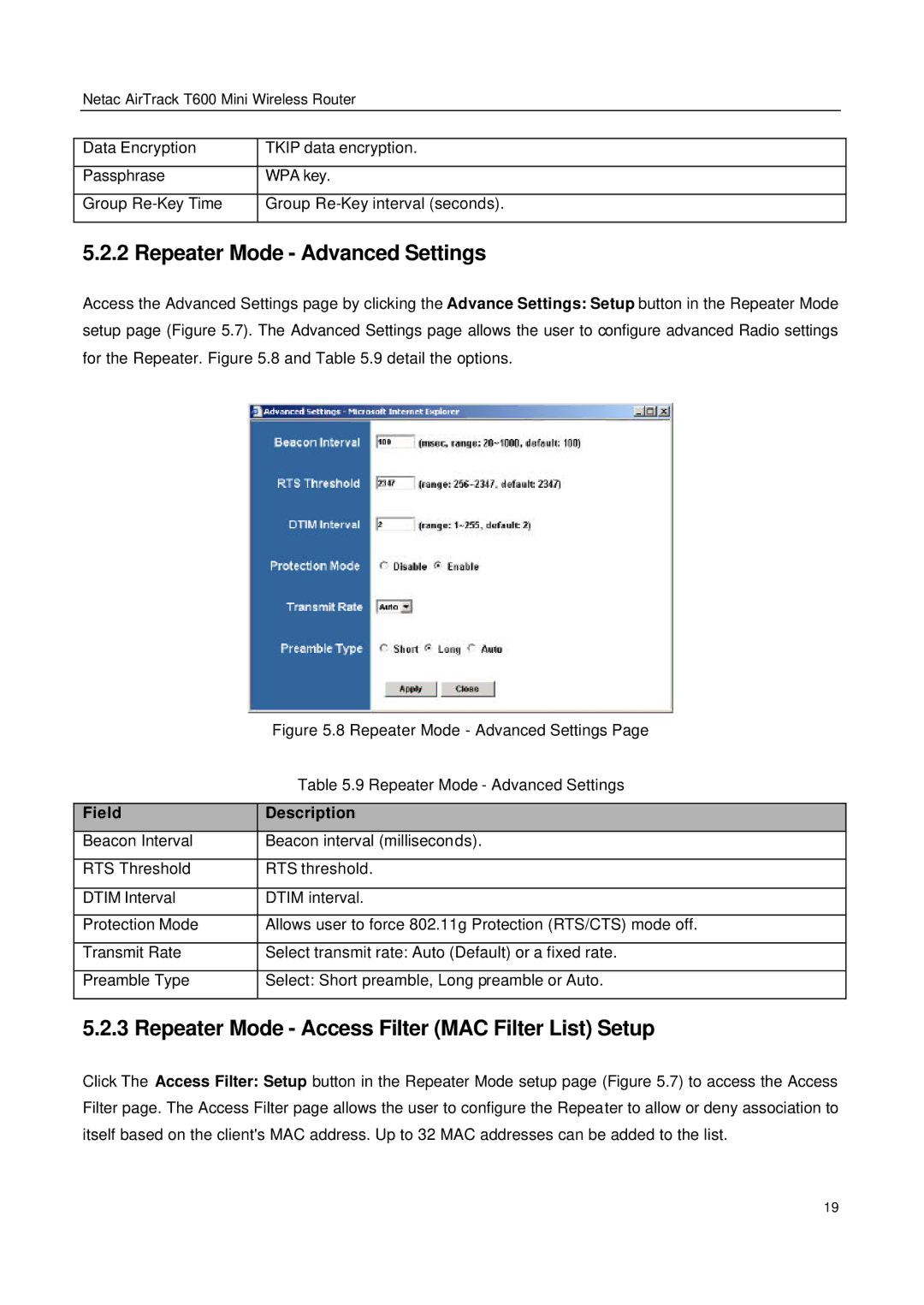 Netac Tech T600 manual Repeater Mode Advanced Settings, Repeater Mode Access Filter MAC Filter List Setup 